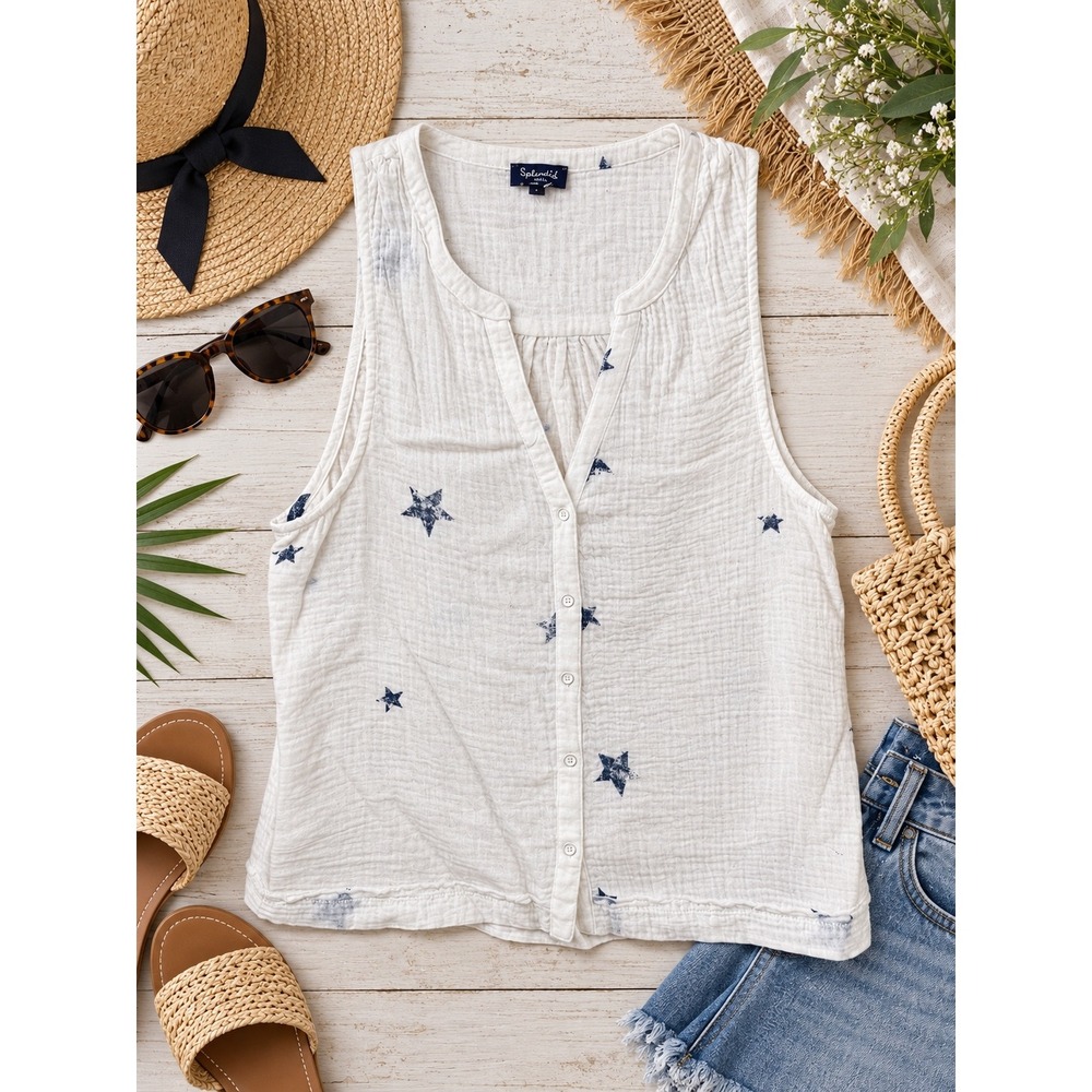 Splendid Star Print Sleeveless Blouse Top S White Blue Gauze Cotton Summer Vibe